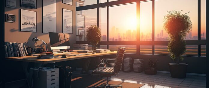 Büroideen: Ein großes Büro mit Blick auf den Sonnenuntergang.