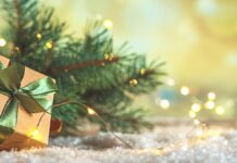 Last-Minute-Weihnachtsgeschenke: Ein Geschenk mit grüner Schleife vor einem Tannenzweig.