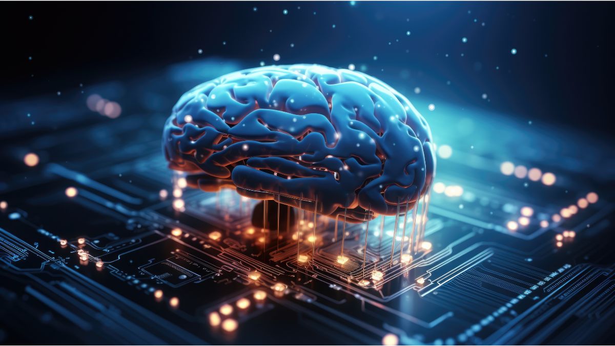 Machine Learning: Ein menschliches Gehirn ist mit einem elektronischen Chip verbunden.