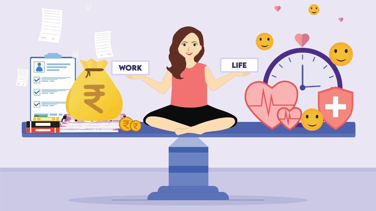 Gleichgewicht im Arbeitsalltag: Eine Frau sitzt auf einer Waage und hält das Gleichgewicht zwischen Work und Life.