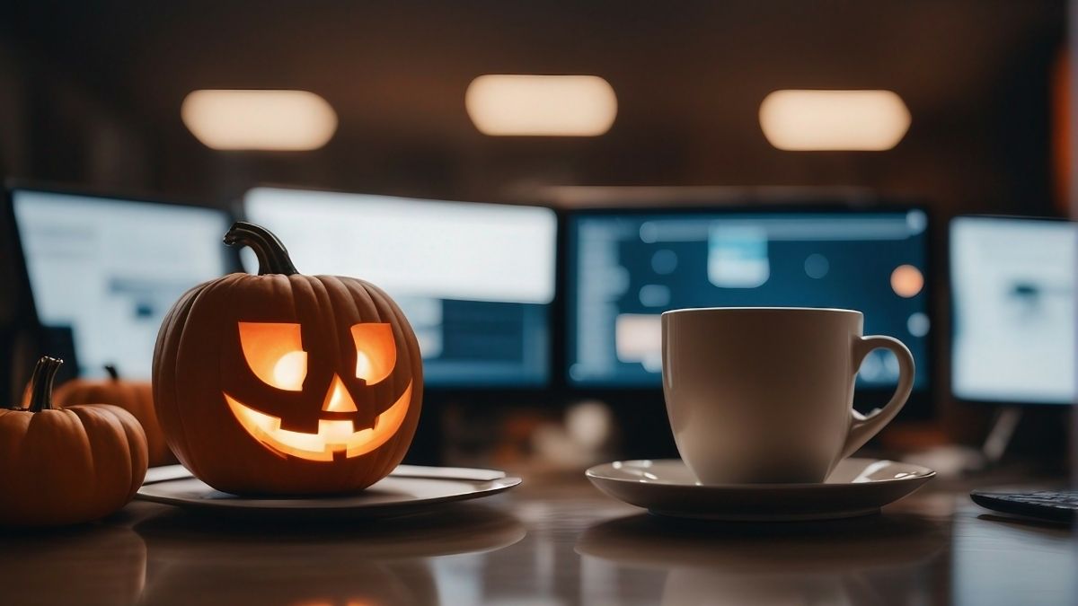 Halloween: Ein Ausgeschnitzter Kürbis und eine Tasse stehen auf einem Tisch.