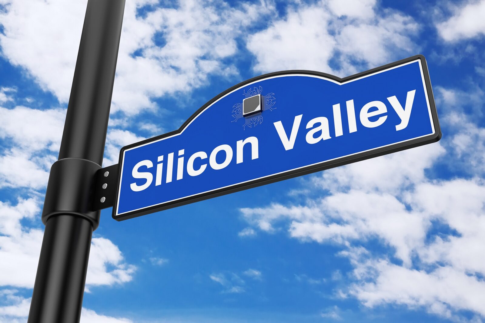 Silicon Valley: Ein blaues Ortschild mit Silicon VAlley, vor einem bewölkten Himmel.
