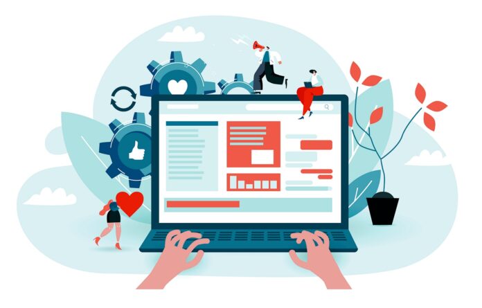 Portalmarketing: Eine Illustration eines Laptops mit Menschen, die arbeiten.
