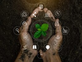 Nachhaltige Unternehmensführung: Ein ESG-Symbol-Konzept in zwei Händen.