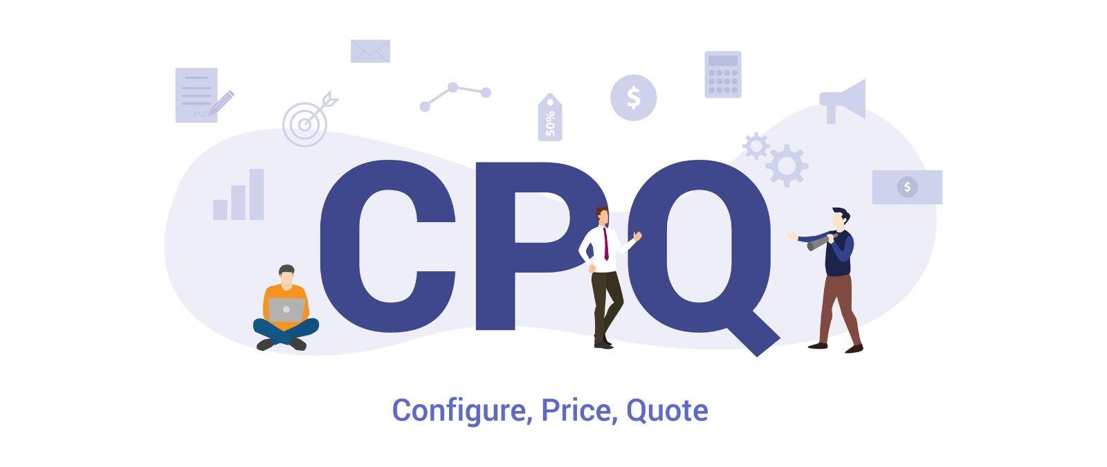 CPQ: Konzept von CPQ mit Personen und Buchstaben.