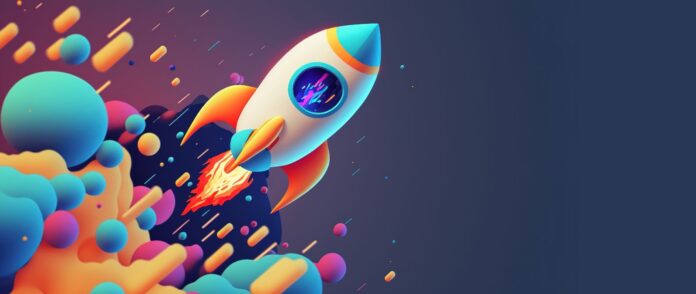 Boom im E-Commerce: Eine Rakete mit vielen Farbtropfen.