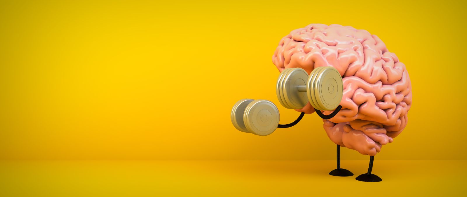 Gedächtnis stärken: Ein Gehirn trainiert vor einem gelben Hintergrund.