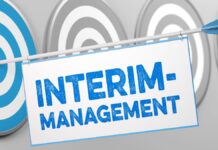 Interim Management: Ein blauer Pfeil mit einem Schild, mit der Aufschrift Interim-Management, trifft ein blaue Zielscheibe.