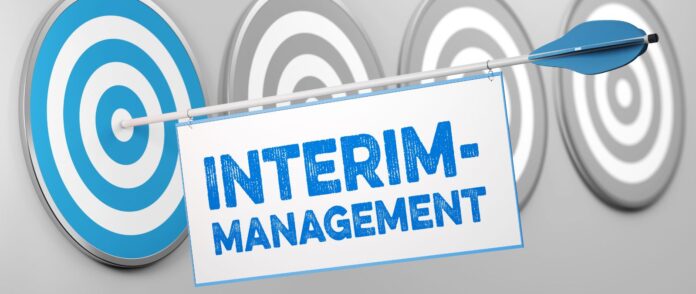 Interim Management: Ein blauer Pfeil mit einem Schild, mit der Aufschrift Interim-Management, trifft ein blaue Zielscheibe.