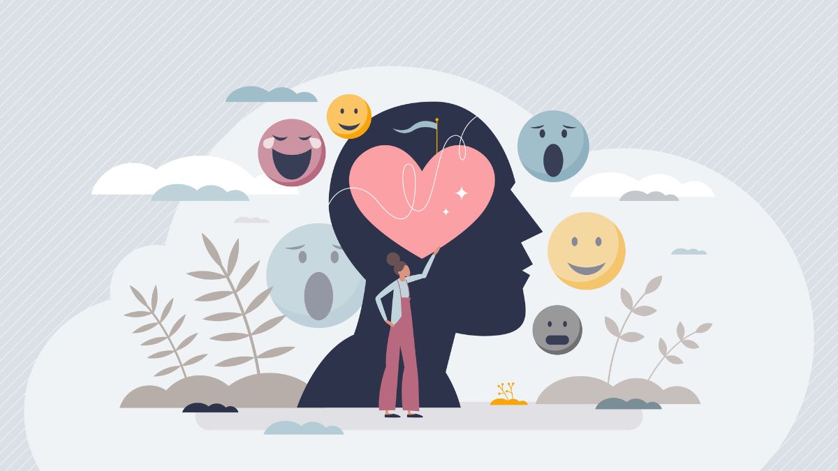 Emotionale Kompetenz: Ein Kopf mit einem Herz und mehreren Emotionen schweben herum.