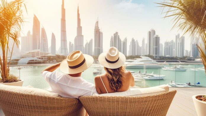 Dubai: Eine Frau und ein Mann sitzen auf einer Terrasse und blicken auf die Skyline von Dubai.