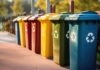 Müllentsorgung: Eine Aufnahme einer Reihe von Recycling-Behältern in einem gepflegten Stadtpark.