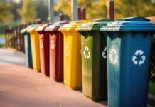 Müllentsorgung: Eine Aufnahme einer Reihe von Recycling-Behältern in einem gepflegten Stadtpark.