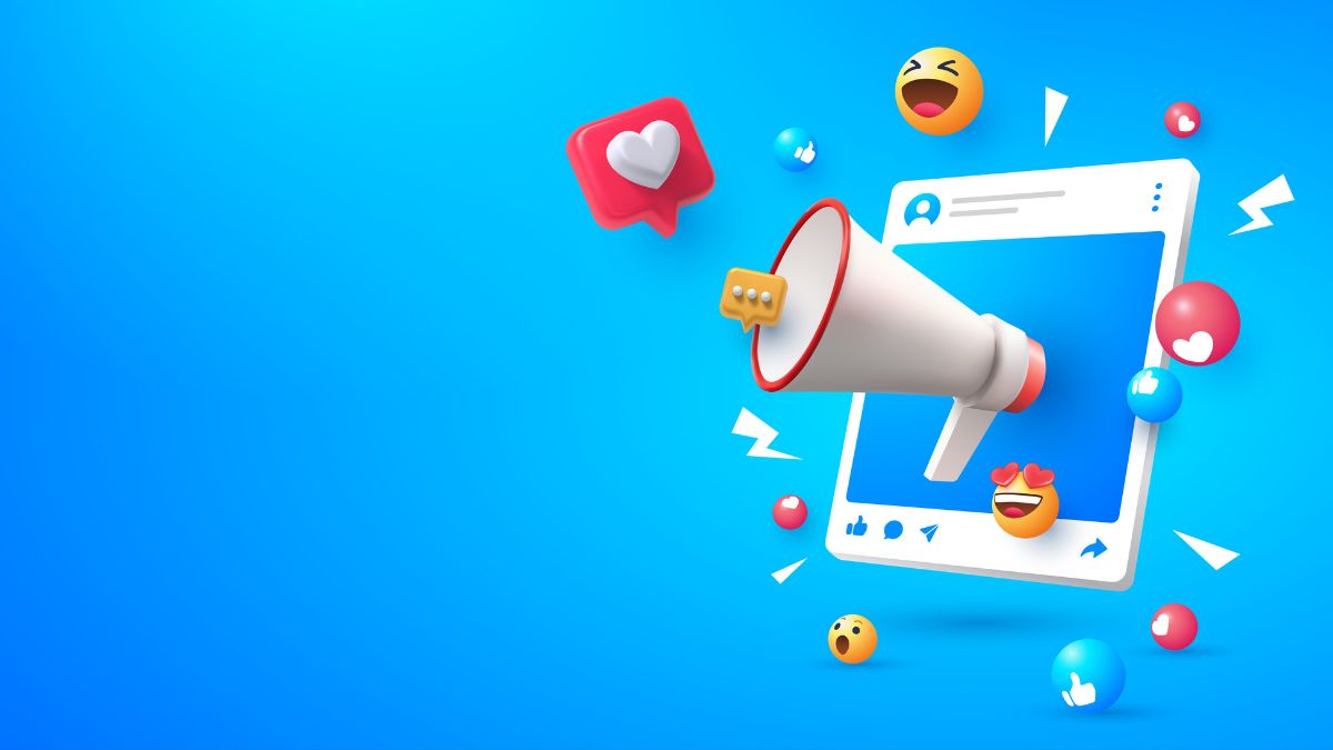 Social-Media-Marketing: Ein Megaphone und mehrere Emojis vor einem Social-Media-Beitrag.