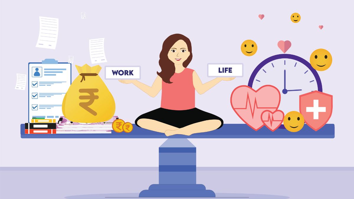 Work-Life-Balance: Weibliche Aufrechterhaltung der Work-Life-Balance mit Icons von Geldbeutel, Herz, Uhr, Emoji, Bücher, und indischen Rupien.
