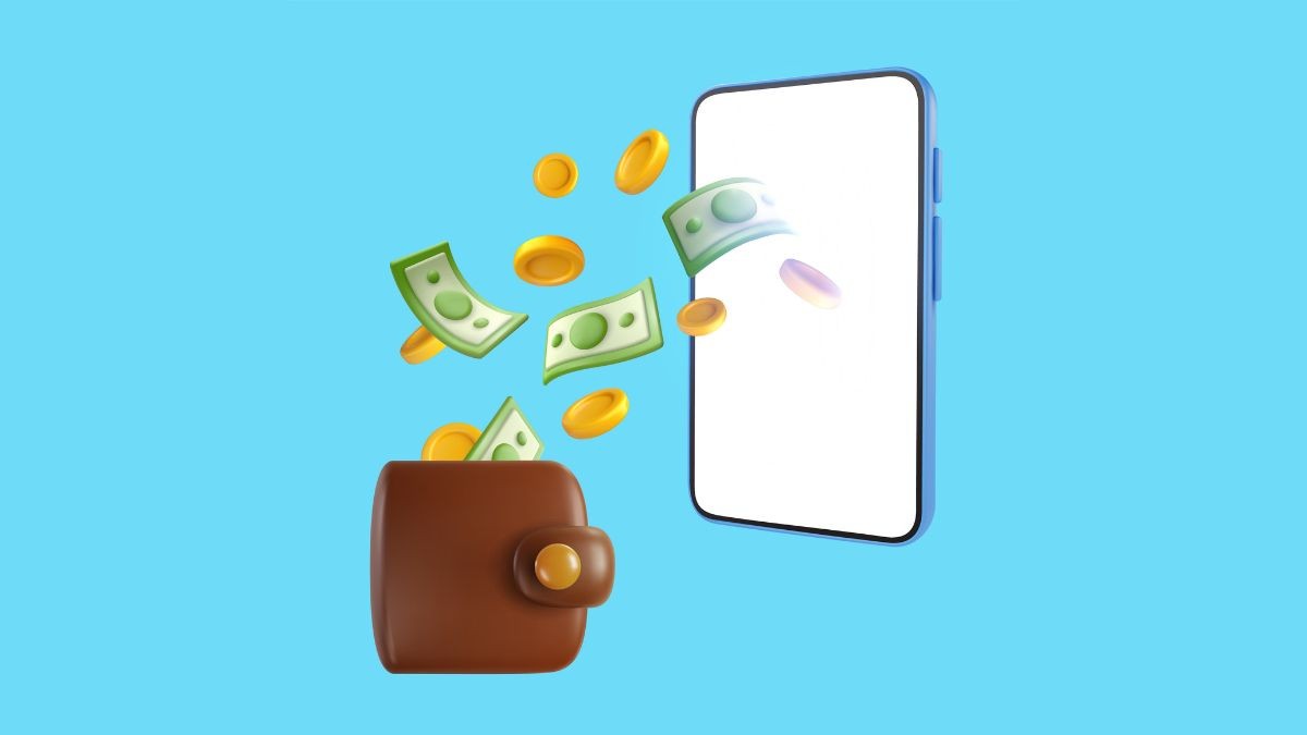 Online Geld verdienen: Aus einem Smartphone fliegt Geld in eine Geldbörse.