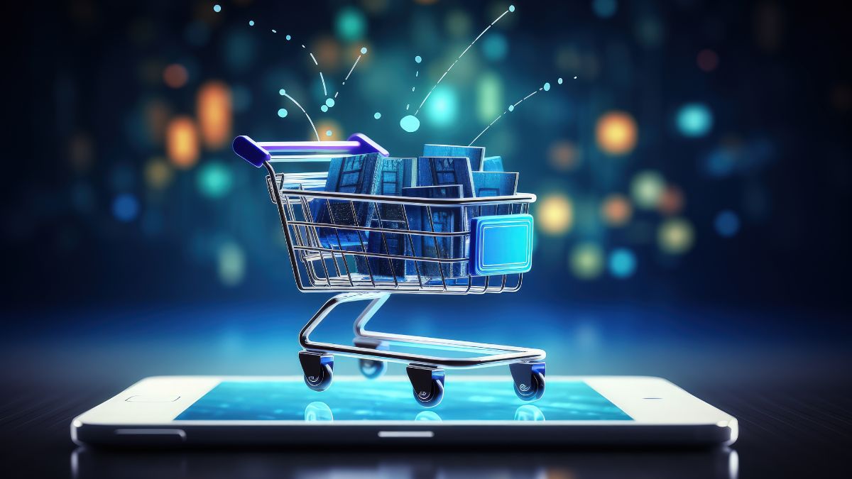 E-Commerce durch KI: Ein Einkaufswagen voller Kisten steht auf einem Smartphone-Bildschirm.