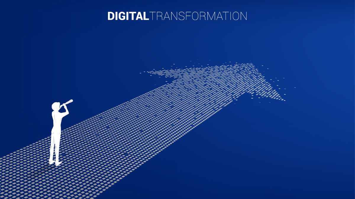 Digitale Transformation 2.0: Eine Silhouette von einem Geschäftsmann, welcher auf dem Pfeil steht.