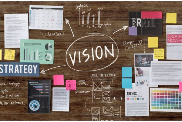 Vision Board: Auf einem Holzboden liegen verschiedene Papiere.