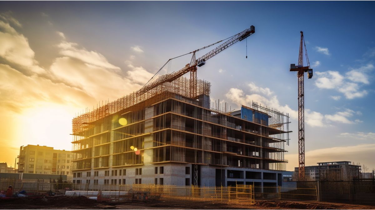 Baulandpreise: Eine Baustelle für ein großes Wohngebäude und ein Sonnenuntergang im Hintergrund.